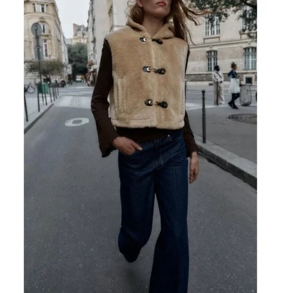 ZARA Tan Faux Shearling Fur Hooded Vest NWT - Picture 2 of 15